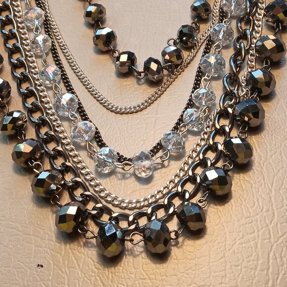 Chico's silver tone & gun metal tone AB coated bead & chain multi layer necklace - Picture 4 of 9